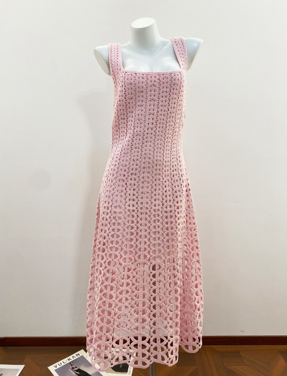 💖Maje Pink Crochet Sleeveless Midi Dress Square Neck Cutout Lace - Picture 3 of 9